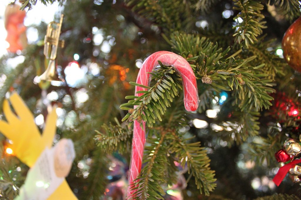 Close-up shot of a Christmas tree and ornaments